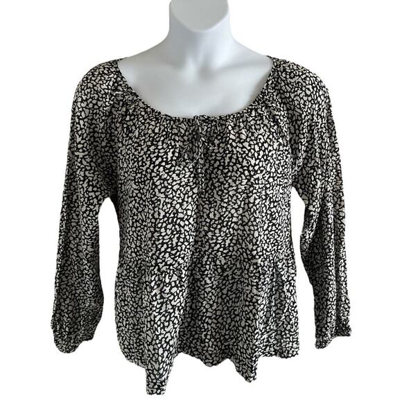 GAP Women's Tie Front Peplum Top Long Sleeve Black White Animal Print Sz Large - Picture 1 of 9